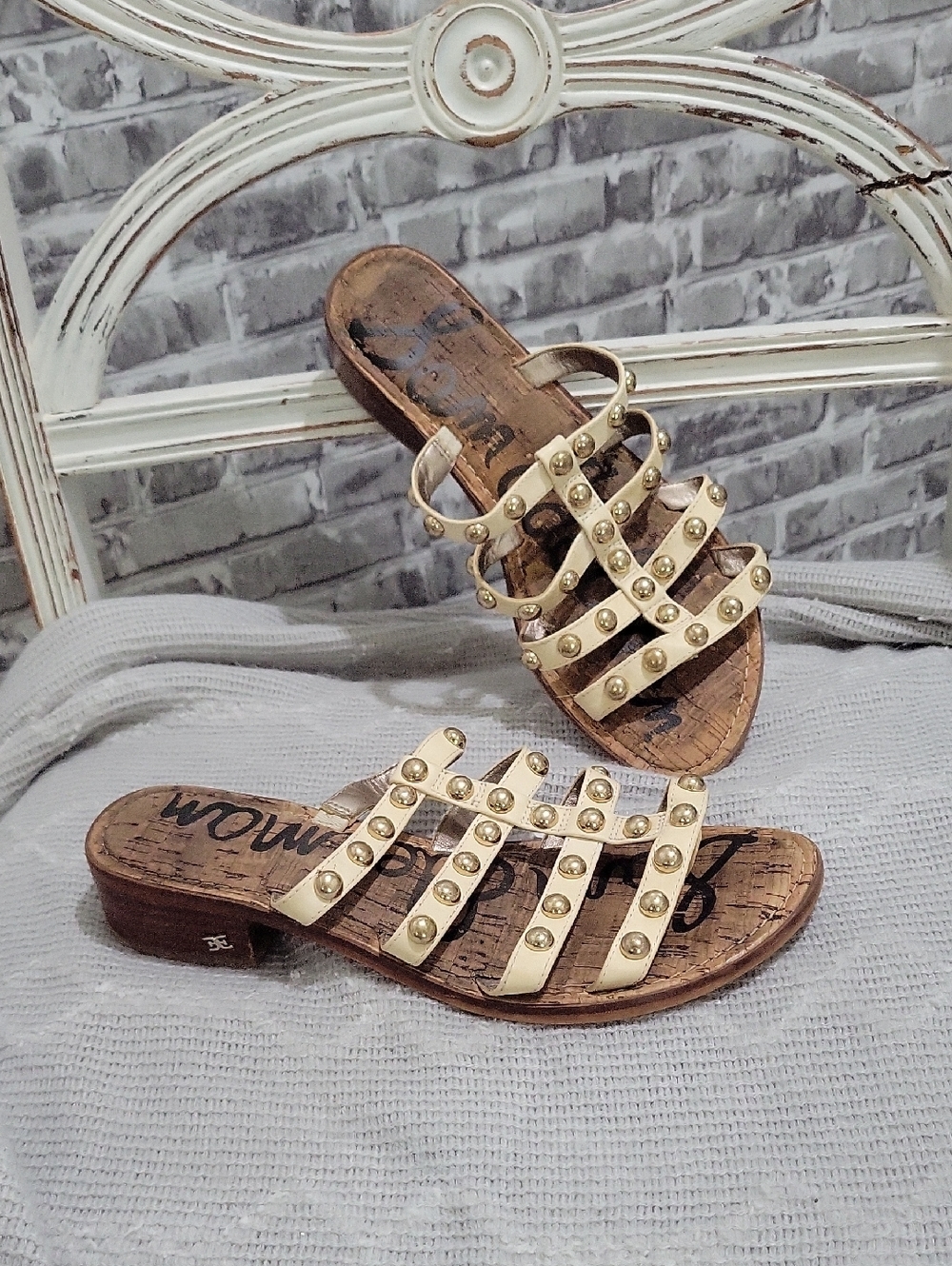 Sam Edelman Juniper studded gladiator slide sandals in ivory and gold Sz 9
